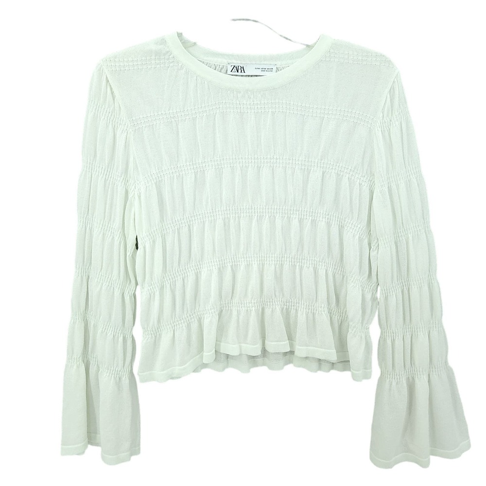 Zara White Knit Long Bell Sleeve Rouched Top Womens Size M